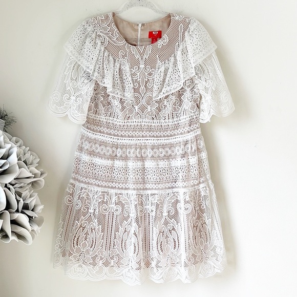 NWOT MONIQUE LHUILLIER Lace Dress; A-Line, Short Sleeves, Jewel Neckline - Picture 4 of 8